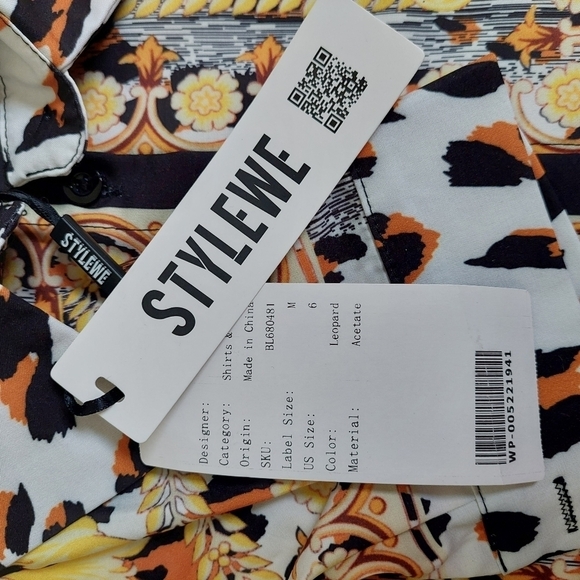 Stylewe Black‎ Yellow Shirt M Button Up Leopard Chain Pattern High Street - Picture 4 of 9